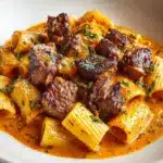 Cajun Steak Tips in Cheesy Rigatoni Parmesan Sauce Recipe