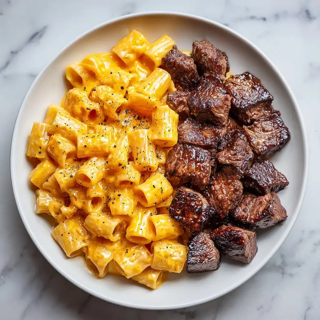 Cajun Steak Tips in Cheesy Rigatoni Parmesan Sauce Recipe - Recipe Image
