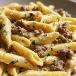 Creamy Cheesy Penne with Garlic Butter Ground Beef Recipe