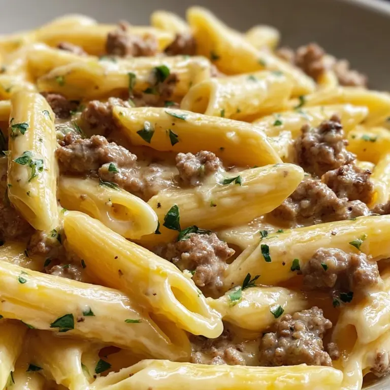 Creamy Cheesy Penne with Garlic Butter Ground Beef Recipe
