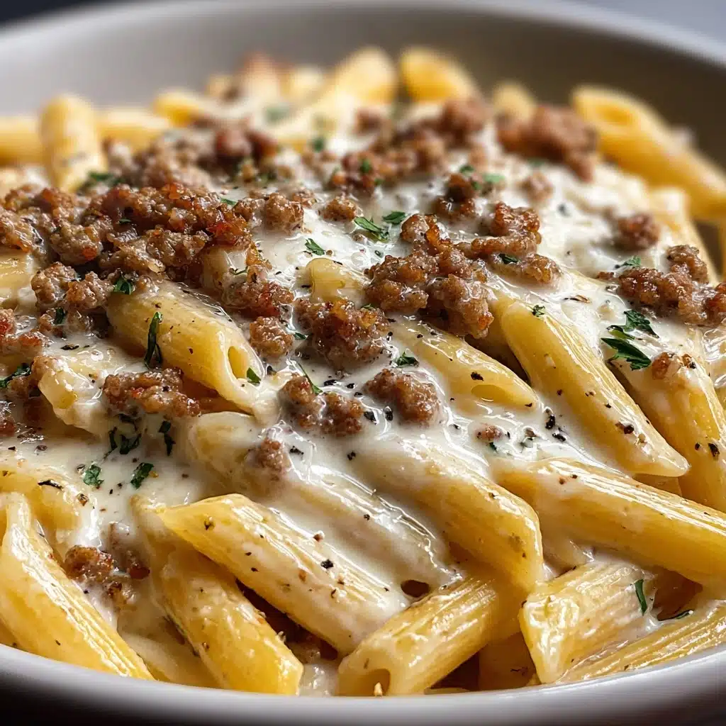 Creamy Cheesy Penne with Garlic Butter Ground Beef Recipe - Recipe Image