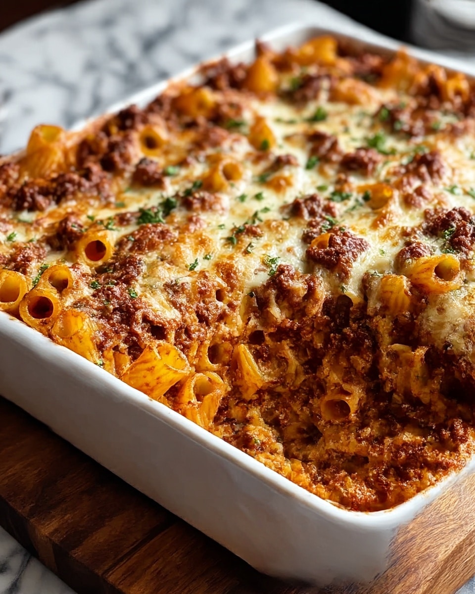 A white square baking dish filled with baked pasta, showing several layers: at the bottom is a rich, chunky meat sauce in brown, topped by a layer of rolled tubular pasta in golden orange, scattered with more meat sauce. The top layer is covered with melted, browned cheese, bubbly and slightly crispy, with green herb bits sprinkled on top. The dish is placed on a wooden board over a white marbled surface. Photo taken with an iphone --ar 4:5 --v 7