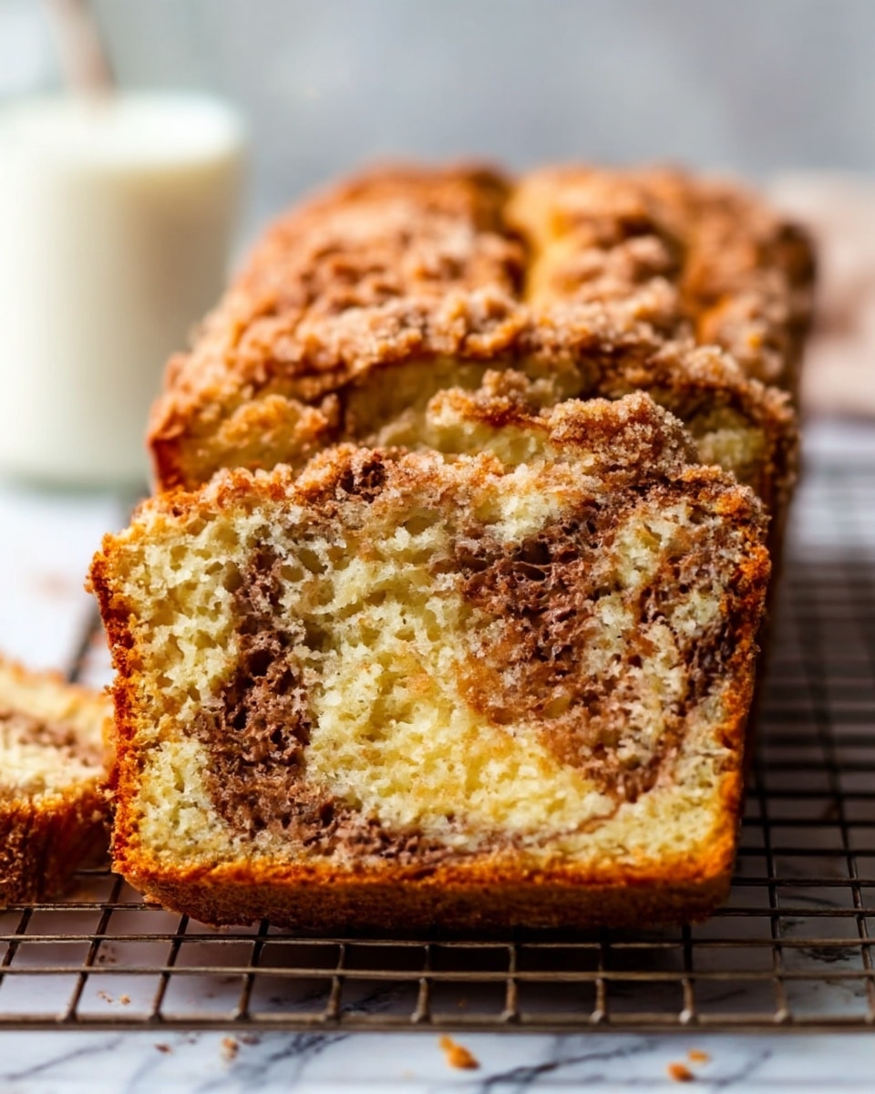 The image shows a loaf of marbled cake with a golden brown crumbly top layer that looks slightly crunchy. The cake has multiple visible layers inside; the outer layer is a light yellow color, and the inside is swirled with a darker brown chocolate layer creating a marbled effect. The texture of the inside looks soft and moist. The loaf is placed on a cooling rack over a white marbled surface, with a blurred glass of milk in the background. Photo taken with an iphone --ar 4:5 --v 7
