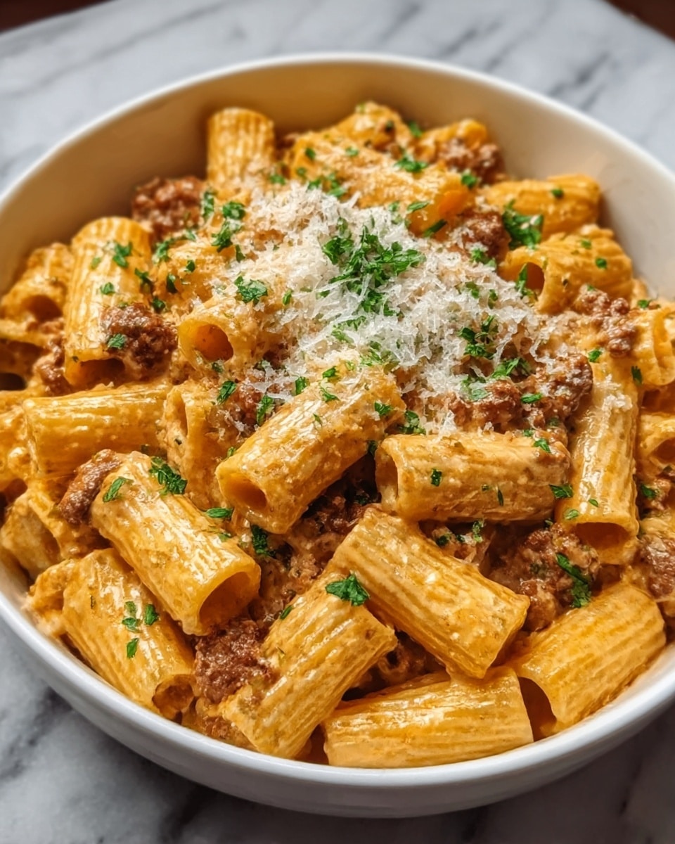 The image shows a white bowl filled with rigatoni pasta mixed with a creamy sauce and browned ground meat. The rigatoni pieces are cylindrical and light golden, coated in an orange-tinted sauce. Small browned meat chunks are spread evenly throughout the pasta. The dish is topped with grated cheese and garnished with chopped green herbs. The bowl sits on a white marbled surface. Photo taken with an iphone --ar 4:5 --v 7