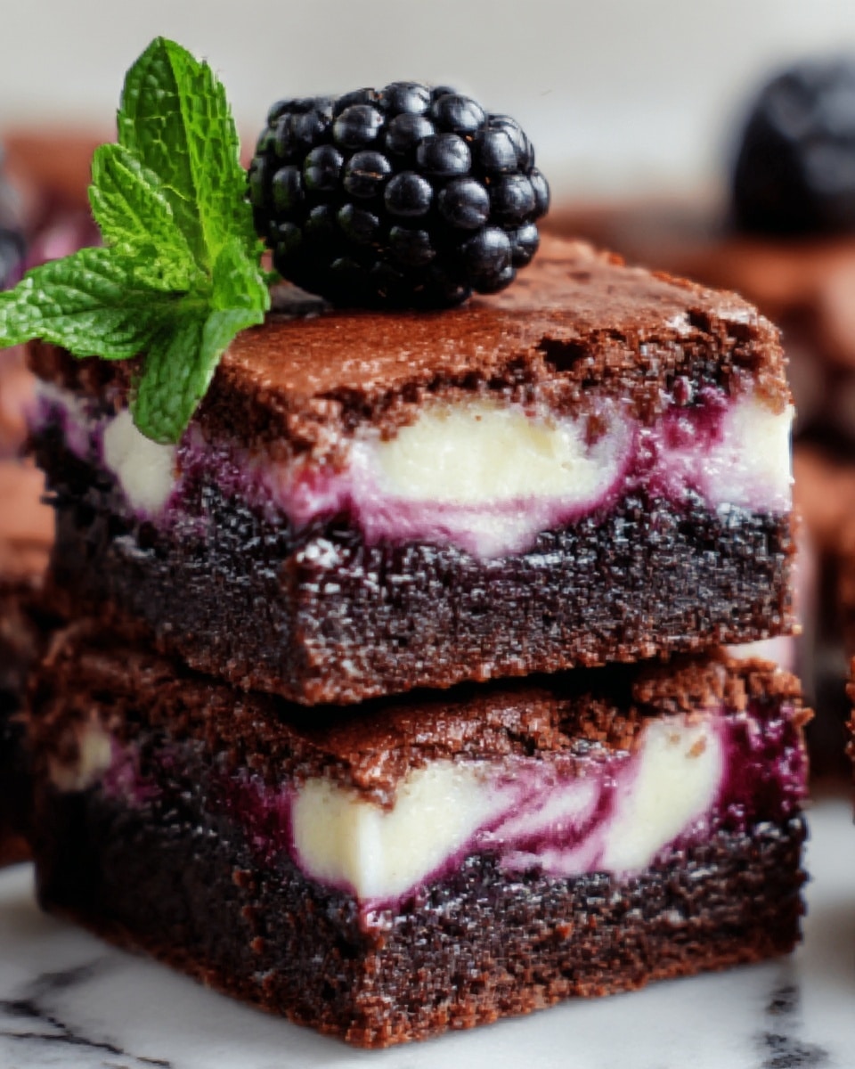 The image shows two stacked brownies on a white marbled surface, each with three layers: a dark brown, rich chocolate top layer with a slightly cracked texture; a middle layer of creamy white filling swirled with dark purple berry sauce; and a dense, moist dark chocolate bottom layer. On top of the upper brownie, there is a fresh black blackberry and a sprig of bright green mint leaves, adding a fresh color contrast. The close-up view highlights the smooth filling and the soft, crumbly edges of the brownies. Photo taken with an iphone --ar 4:5 --v 7