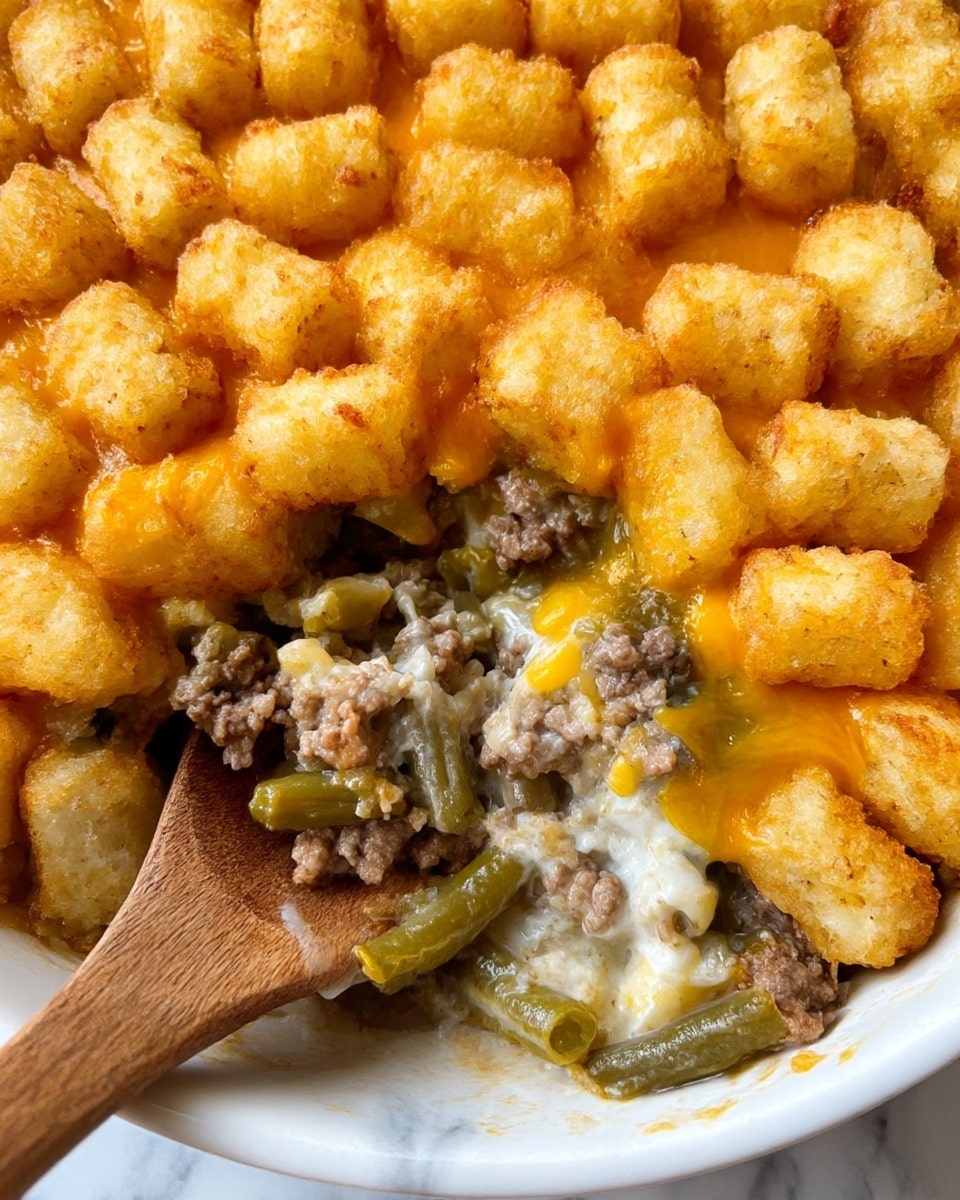 The image shows a close-up of a layered casserole featuring a top layer of golden brown, crispy tater tots arranged in neat rows. Beneath the tater tots is a melted, bright orange cheddar cheese layer that partially covers a mixture of cooked ground beef and green beans. The beef mixture appears moist with creamy white sauce mingling through it. The dish sits in a white bowl on a white marbled surface, with a wooden spoon resting on the side, scooping some of the casserole. The textures range from crispy and crunchy on top to soft and creamy below. Photo taken with an iphone --ar 4:5 --v 7