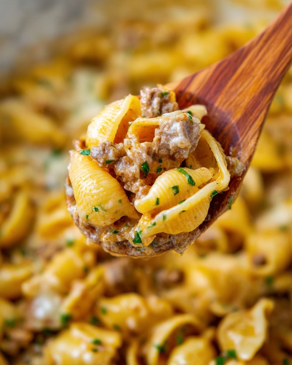 A close-up view of a wooden spoon lifting a heap of shell pasta mixed with ground meat and melted cheese. The pasta shells are a warm yellow color, soft and coated evenly with a creamy sauce. Ground meat bits, light brown and juicy, are tucked inside and around the shells, with small flecks of green herbs sprinkled on top for a fresh look. The background shows more of the creamy, cheesy pasta mixture out of focus on a white marbled texture. photo taken with an iphone --ar 4:5 --v 7