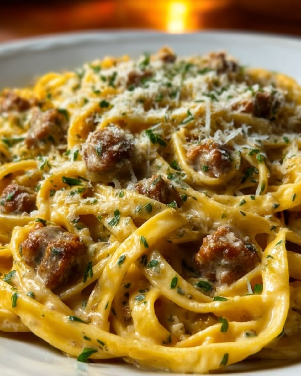 A close-up of a white plate filled with creamy fettuccine pasta, topped with browned pieces of sausage and sprinkled with finely chopped green herbs and grated cheese. The pasta is coated in a smooth, rich yellow sauce, and the small sausage bits are scattered evenly across the dish, creating a textured look. The background shows a soft focus with a warm light, highlighting the glossy noodles and fresh herbs. Photo taken with an iphone --ar 4:5 --v 7