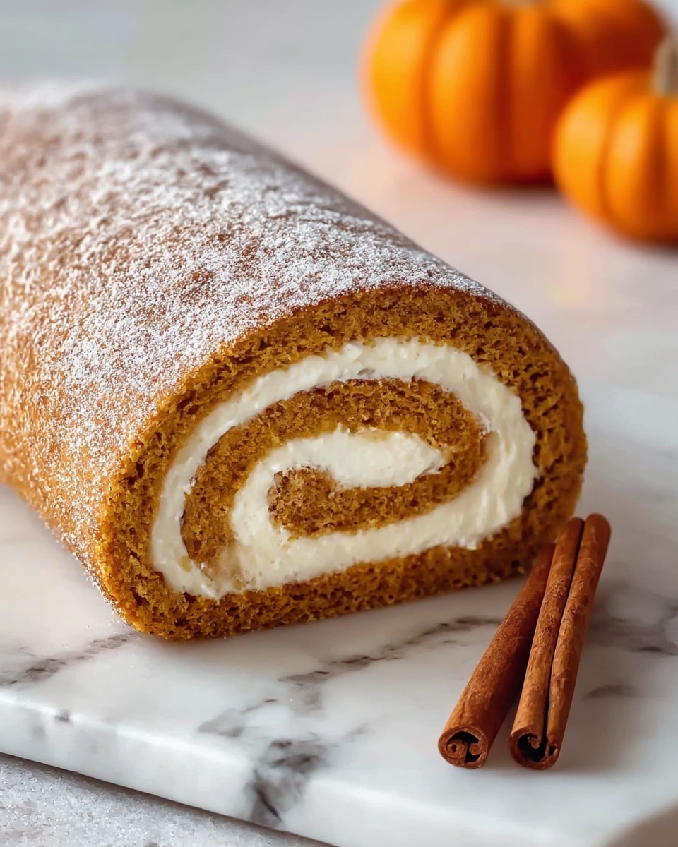 The image shows a pumpkin roll cake sliced to reveal its spiral layers. The outer layer is a soft, light brown cake with a slightly rough texture, dusted with white powdered sugar on top and sides. Inside, there is one thick creamy white layer of smooth filling that is evenly spread and swirled tightly within the cake. The cake is placed on white parchment paper over a white marbled surface, with a whole small orange pumpkin blurred softly in the background. Photo taken with an iphone --ar 4:5 --v 7