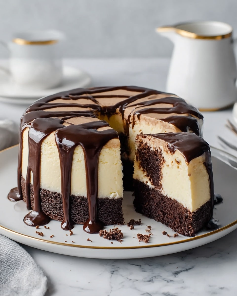 The image shows a round, layered dessert on a white plate with a gold rim, placed on a white marbled surface. The dessert has three clear layers: a dark brown base that looks like moist chocolate cake, a thick middle layer of creamy light yellow cheesecake, and a thin upper layer of light brown chocolate mousse. There is rich dark chocolate sauce dripping from the top, cascading down the sides in glossy streams. A wedge is cut out to reveal these layers clearly, with some chocolate crumbs scattered around the plate. In the background, there is a white creamer with a gold rim. Photo taken with an iphone --ar 4:5 --v 7