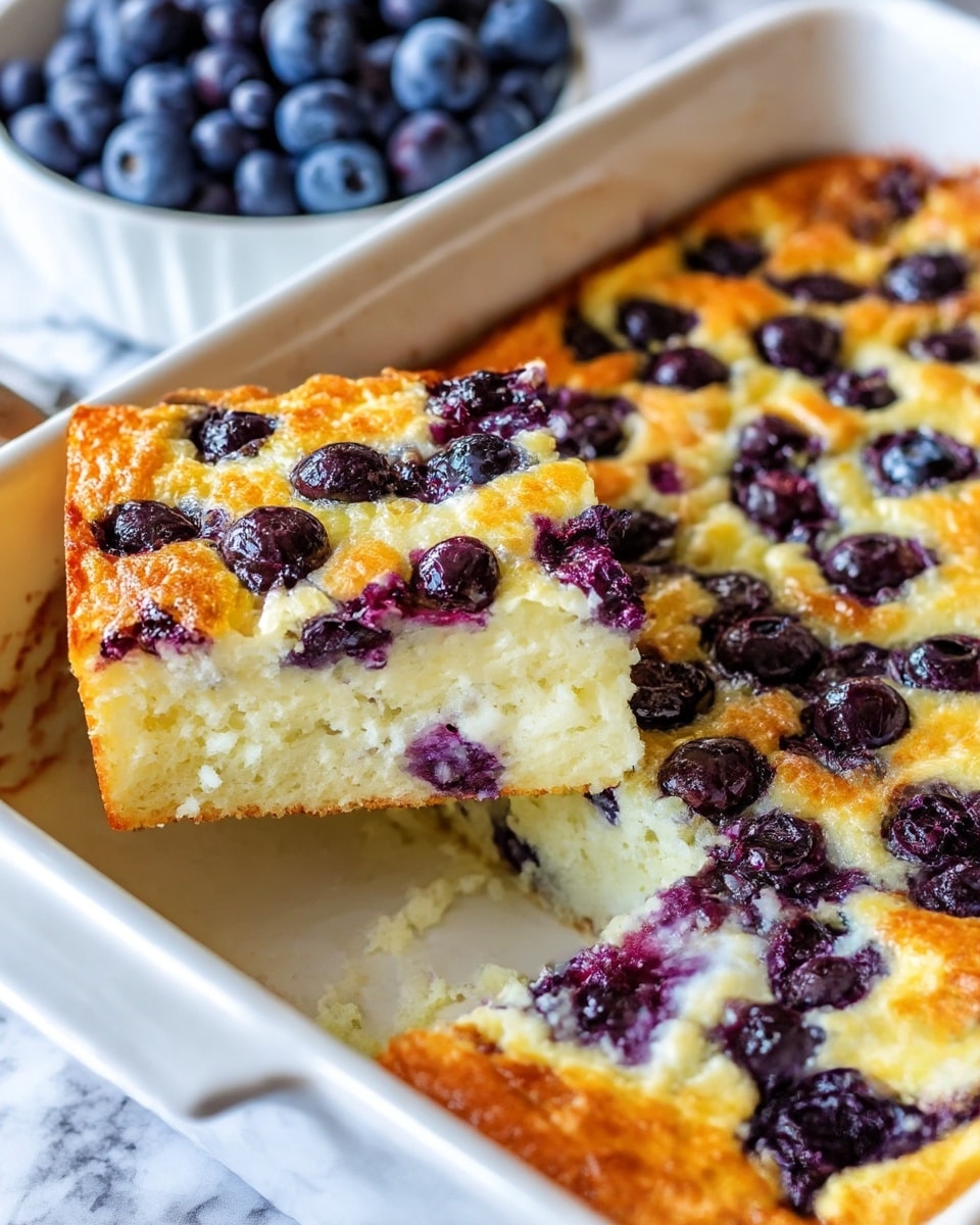This image shows a square white baking dish filled with a slice-cut blueberry baked pancake. The pancake has two main layers: a thick, fluffy base layer with a light golden brown top and soft, pale cream interior, and a top layer dotted with whole dark purple blueberries that are slightly sunken into the golden surface. The edges of the pancake are lightly crisp and the inside looks moist with bursts of cooked blueberries scattered throughout. In the top left corner, a white bowl filled with fresh blueberries is partly visible, all set on a white marbled surface. Photo taken with an iphone --ar 4:5 --v 7