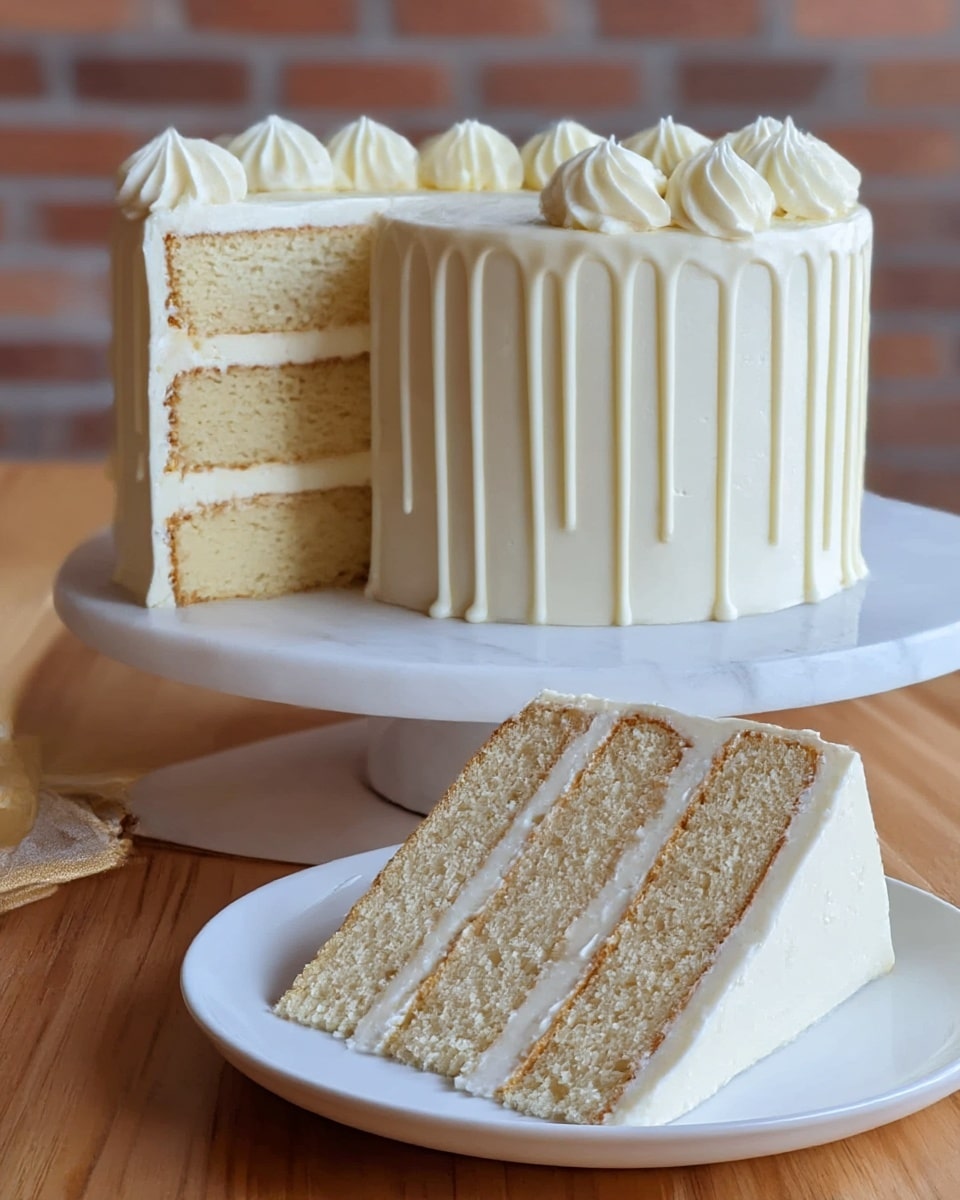There is a tall cake with three layers of light beige sponge and thin white cream between each layer. The outside has smooth white frosting with vertical lines making a drip effect near the top. The top of the cake is decorated with white flower shapes made from frosting. A slice from the cake is placed in front on a white plate, showing the three layers clearly. The whole setup is on a white marbled surface with a wooden table below and a brick wall in the background. photo taken with an iphone --ar 4:5 --v 7