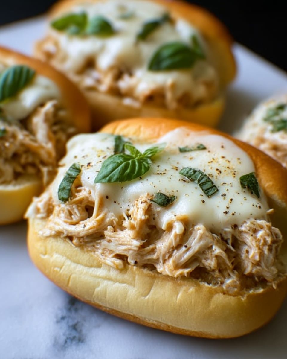 The image shows a close-up view of three open chicken sandwiches on a white marbled surface. Each sandwich has a soft, light golden bun at the bottom. On top of the bun is a generous layer of shredded chicken mixed with a light sauce, giving a slightly glossy, moist texture. This is covered by melted white cheese, which has a smooth and gooey appearance. Small green herb leaves, possibly basil or parsley, are sprinkled on top along with a few specks of black pepper, adding contrast and freshness. The sandwiches are placed close together, showing detailed texture of the chicken and cheese. photo taken with an iphone --ar 4:5 --v 7