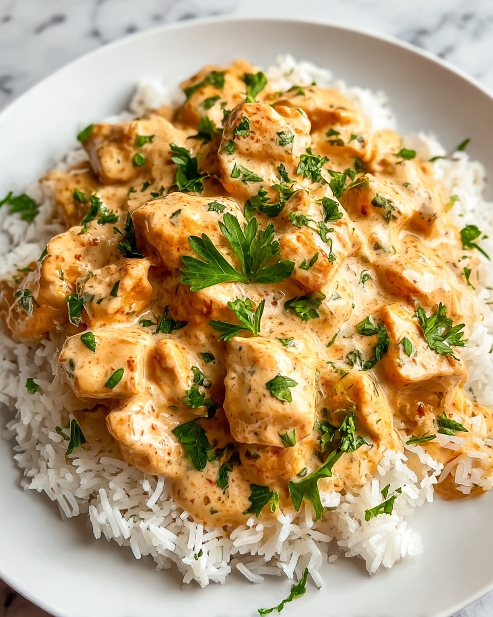 A white plate holds a generous base layer of fluffy white rice with visible grains, topped with a thick creamy sauce coated in chunks of browned chicken. The sauce is light orange with specks of seasoning and contrasts with the golden-brown seared chicken pieces scattered on top. Bright green parsley leaves are sprinkled over the sauce and chicken, adding fresh color. The plate sits on a white marbled textured surface. photo taken with an iphone --ar 4:5 --v 7