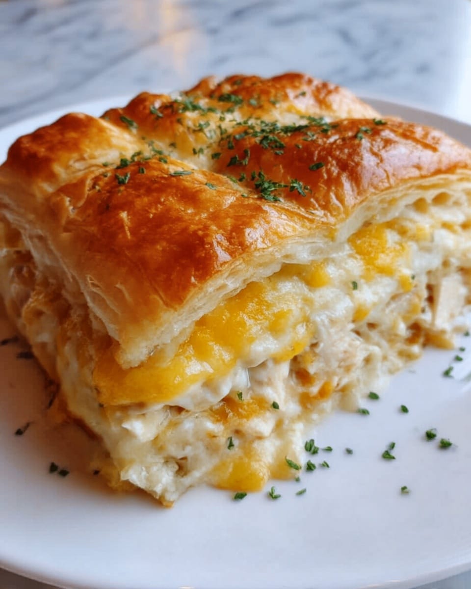 The image shows a close-up of a baked dish with three visible layers of golden brown, flaky pastry on top. Inside, there is a creamy, white chicken filling mixed with melted yellow cheese. The surface is sprinkled with small green herbs. The dish sits on a white plate placed on a white marbled surface. Photo taken with an iphone --ar 4:5 --v 7
