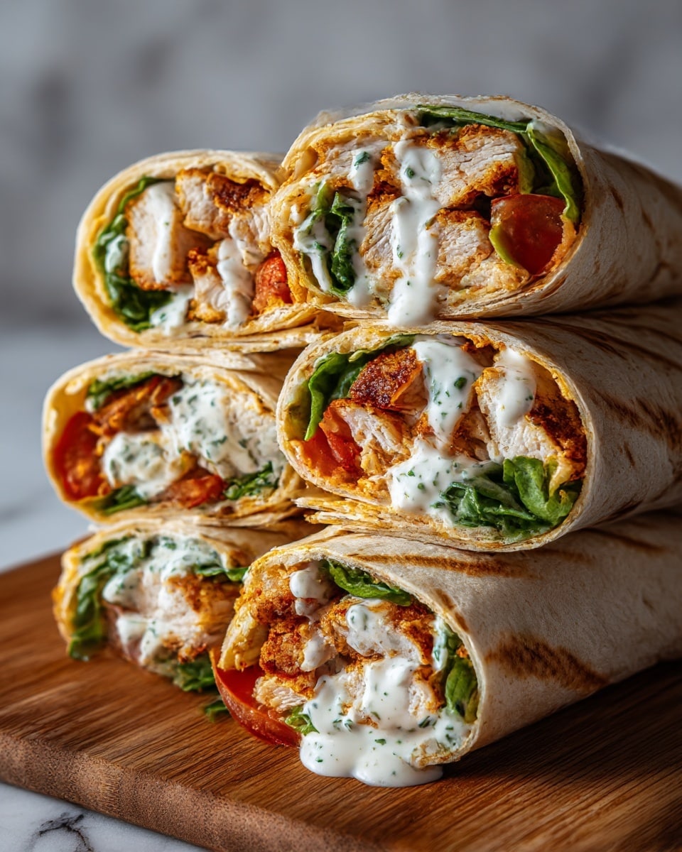 The image shows four chicken wraps cut in half and stacked on a wooden board on a white marbled surface. Each wrap has a soft, lightly toasted tortilla wrapped around layers of crispy, golden-brown grilled chicken pieces, fresh green lettuce, bright red tomato slices, and a generous drizzle of creamy white sauce with visible herbs. The wraps are tightly packed, showing the juicy and flavorful filling inside. photo taken with an iphone --ar 4:5 --v 7