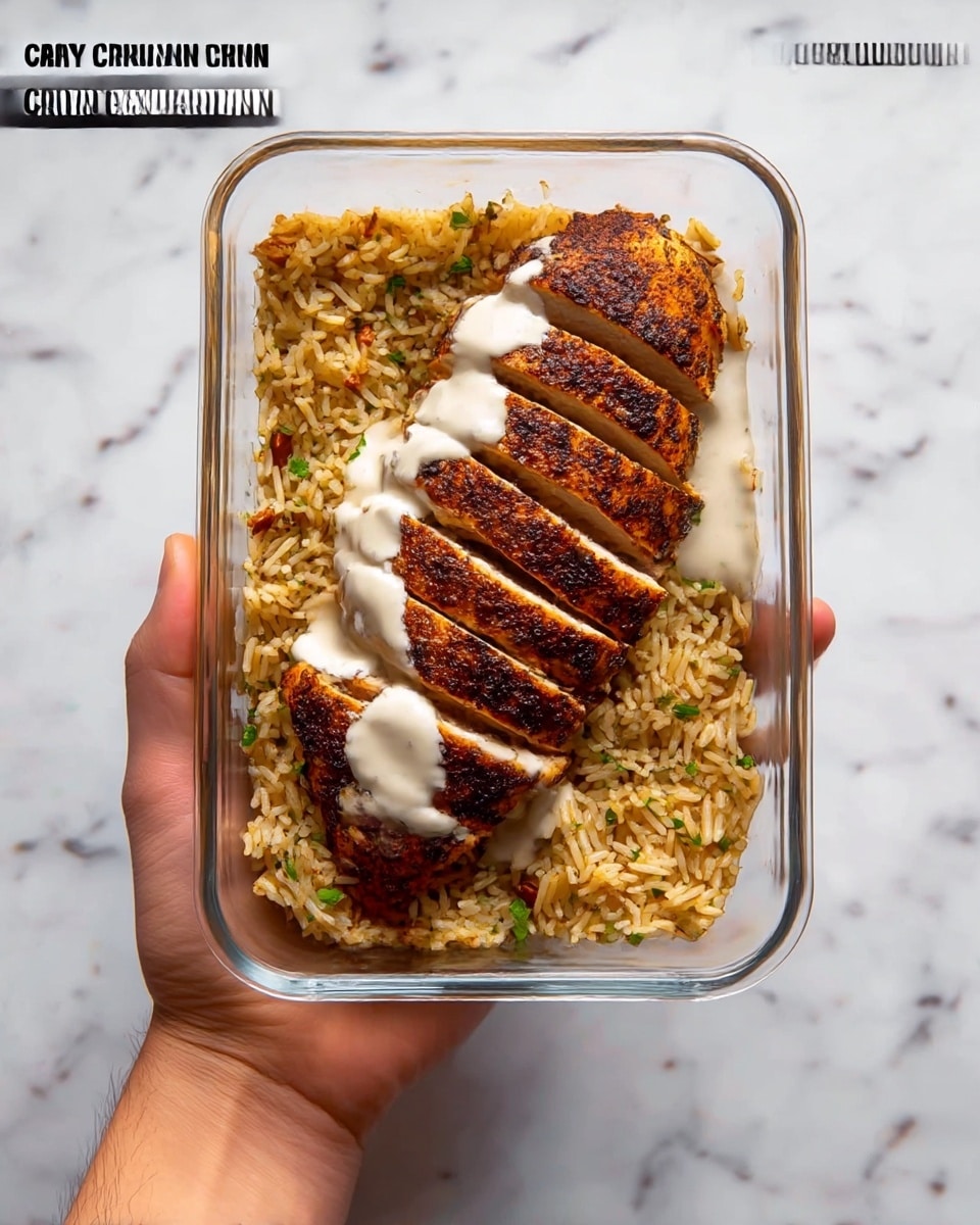 A clear rectangular glass container holds a dish with two main layers; the bottom layer is a bed of golden-brown, seasoned rice with small bits of green herbs mixed in, giving it a lightly textured appearance. On top lies a large piece of grilled chicken breast, sliced into five pieces, showing a dark brown, crispy outer crust with visible spices. A creamy white sauce is spread unevenly over the top center of the chicken, slightly dripping down the sides. A woman's hand holds the container from both sides with the background of a white marbled textured surface under it. photo taken with an iphone --ar 4:5 --v 7