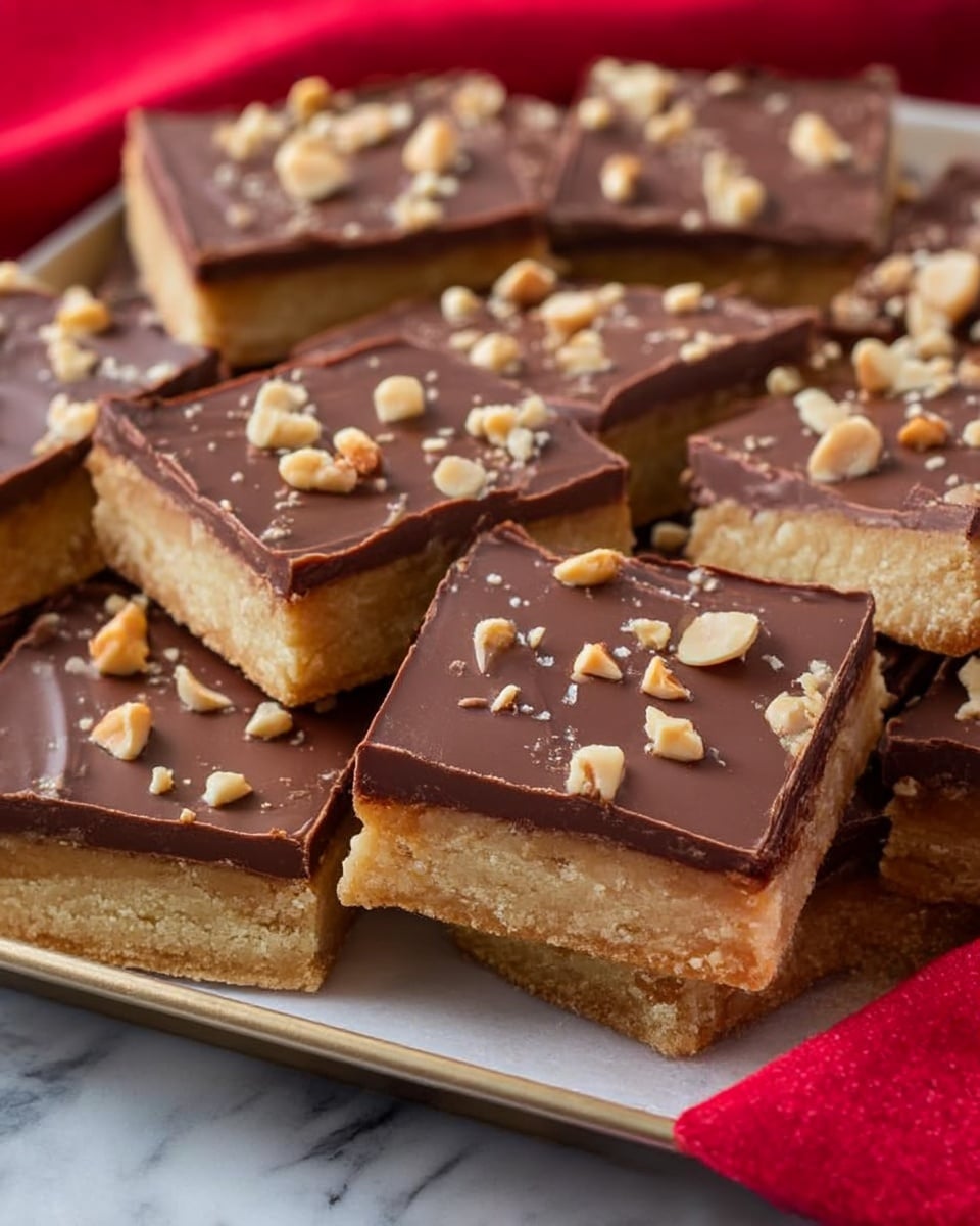 The image shows multiple pieces of a square-shaped dessert bar arranged closely together on a white plate. Each piece has two visible layers: the bottom layer is a beige, crumbly crust with a rough texture, while the top layer is a smooth, glossy milk chocolate coating. The chocolate layer is sprinkled evenly with small, light brown nut pieces that add texture and contrast. The edges of the crust appear slightly crumbly, and the layers have clean, sharp cuts between pieces. The plate is placed on a white marbled surface with a hint of a red cloth underneath. photo taken with an iphone --ar 4:5 --v 7
