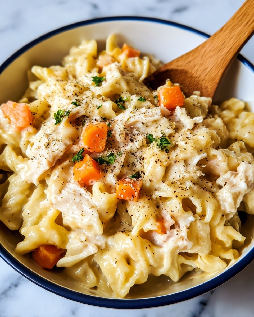 A close-up view of a bowl filled with creamy chicken noodle soup showing three main layers: a base with pale yellow, soft pasta noodles in irregular shapes, mixed with chunks of light beige chicken; scattered pieces of bright orange carrot cubes add pops of color mainly towards the middle and top; the dish is topped with a sprinkle of fresh green herbs and coarse black ground pepper, giving texture and contrast. A wooden spoon is partially immersed on the right side, all set on a white marbled surface. Photo taken with an iphone --ar 4:5 --v 7