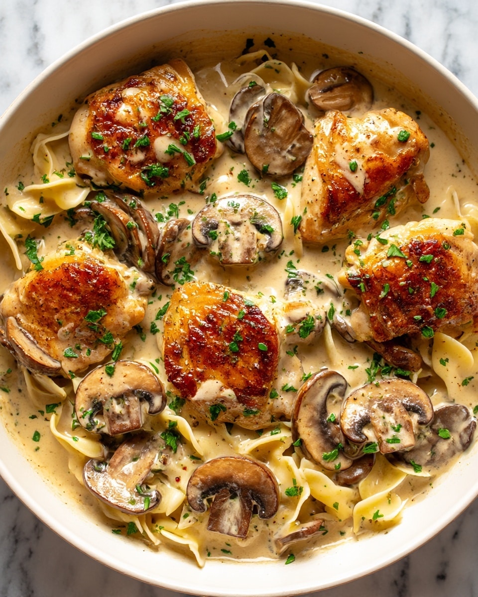 In a white bowl, there are five browned chicken breast pieces placed on top of a creamy light beige sauce with soft, dark brown mushroom slices scattered throughout. Around the edges inside the bowl, a few light yellow egg noodles peek out slightly. Green chopped herbs are sprinkled evenly over the chicken and mushrooms, adding a touch of fresh color. The texture of the chicken is juicy and tender with a golden sear, while the sauce looks smooth and rich, coating the mushrooms and chicken nicely. The bowl sits on a white marbled surface. photo taken with an iphone --ar 4:5 --v 7