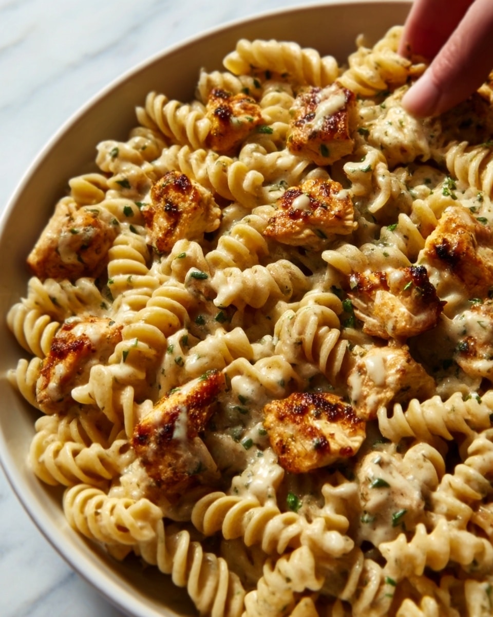 The image shows a close-up of a white plate filled with rotini pasta coated in a creamy sauce, with pieces of grilled chicken scattered evenly throughout. The chicken chunks are golden brown with a slightly crispy texture and specks of herbs and spices on top. The pasta looks smooth and glossy, with a light yellow color that contrasts with the browned chicken. The focus is tight, highlighting the texture and details of both the pasta and chicken. The background is a white marbled surface. photo taken with an iphone --ar 4:5 --v 7