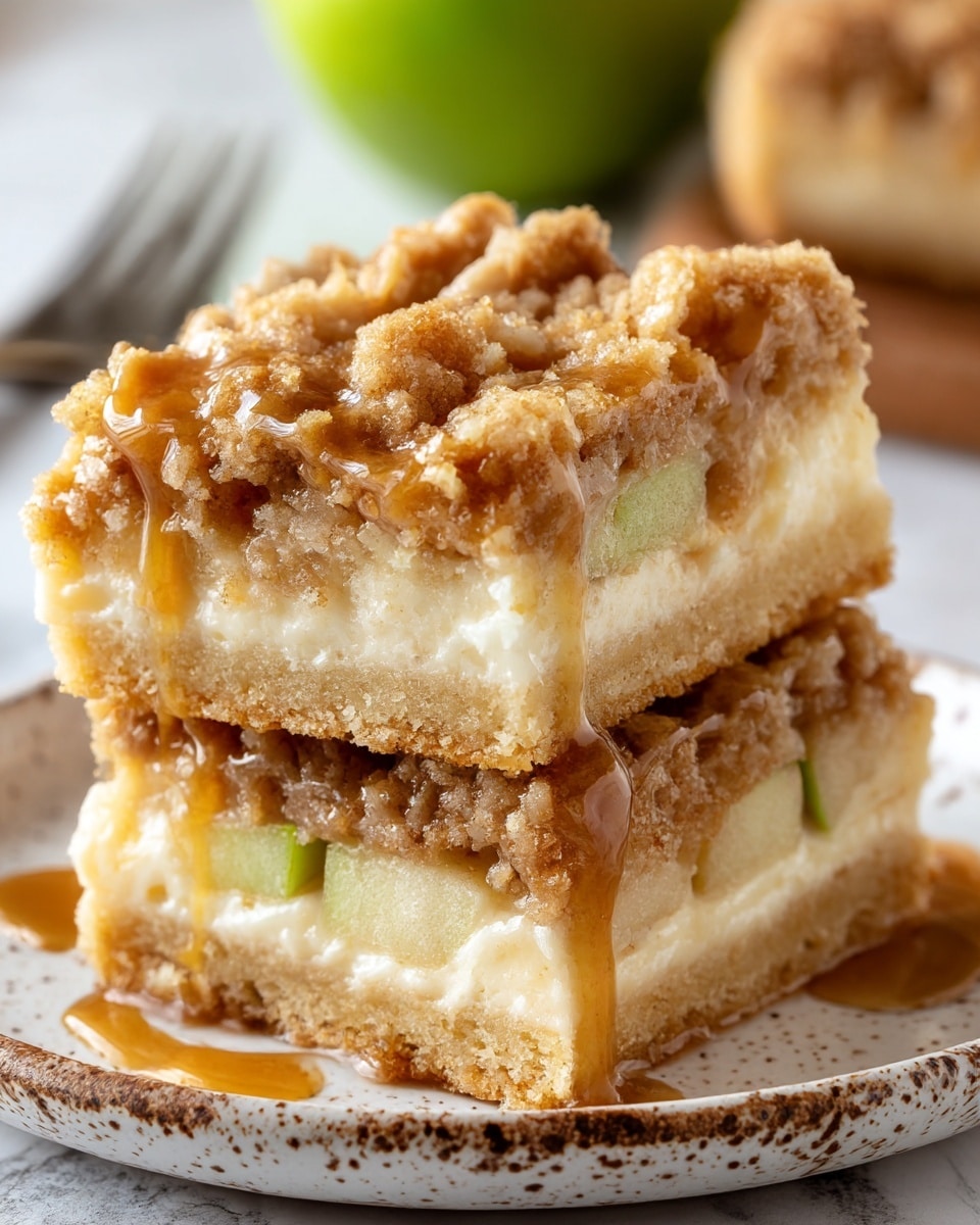 The image shows a close-up of two square dessert bars stacked on top of each other on a white speckled plate with a white marbled texture surface below. Each bar has three visible layers: the bottom layer is a light brown crumbly crust, the middle layer is a creamy off-white cheesecake with small pieces of apple embedded in it, and the top layer is a chunky crumb topping that is golden brown with a rough texture. A caramel drizzle glistens over the crumb topping, adding a shiny amber color that contrasts with the crumbly texture beneath. In the background, parts of another plate and a silver fork are slightly visible but out of focus. photo taken with an iphone --ar 4:5 --v 7