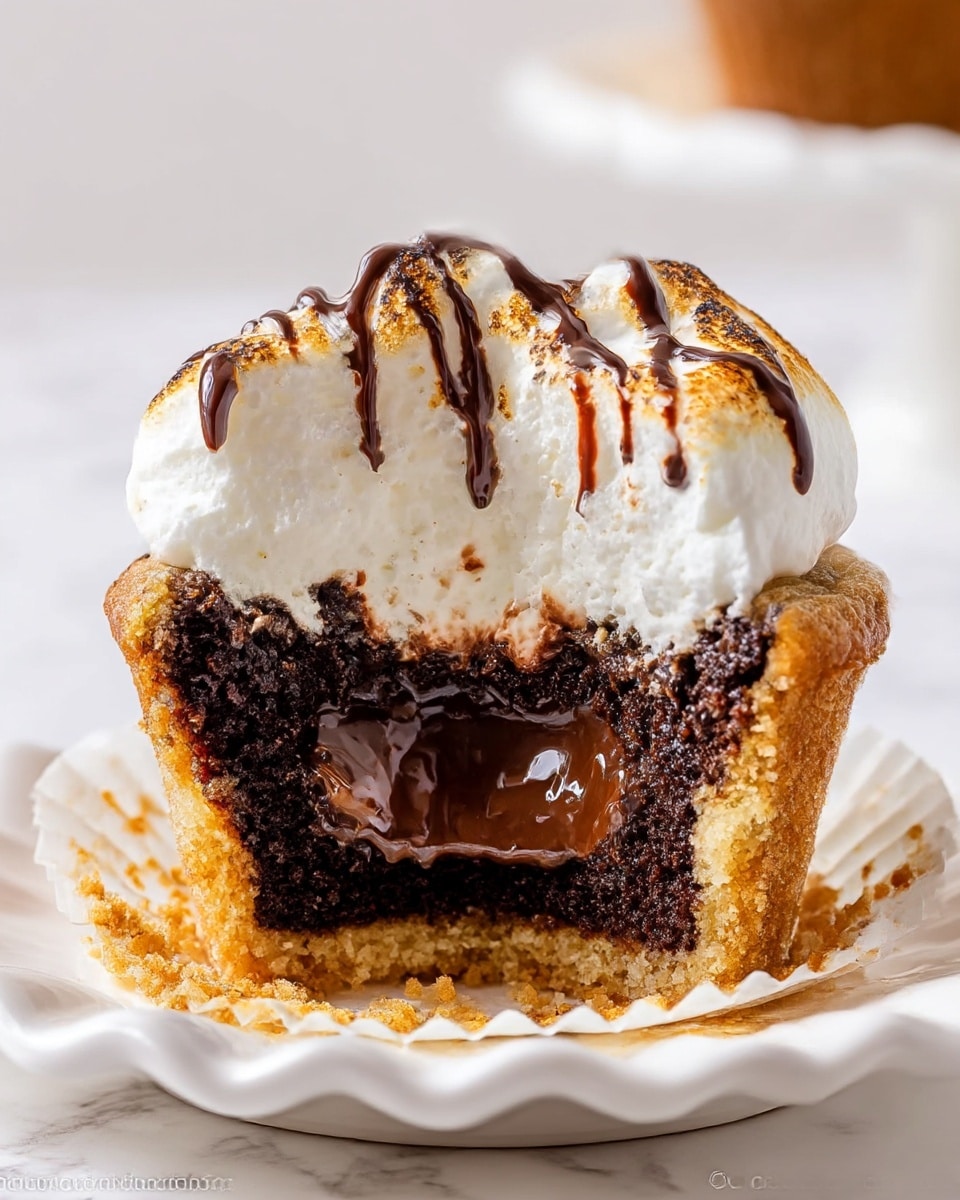 The image shows a close-up of a cut cupcake on a white plate with a white marbled background. The cupcake has three distinct layers: a crumbly golden-brown cookie crust at the bottom, a thick, dark chocolate cake layer in the middle with a soft, gooey chocolate center oozing out, and a fluffy white marshmallow topping on top. The marshmallow is toasted to light golden brown and drizzled with thin lines of melted chocolate. The cake looks moist and rich, and the overall texture contrasts between crunchy base, soft cake, creamy center, and airy marshmallow. Photo taken with an iphone --ar 4:5 --v 7