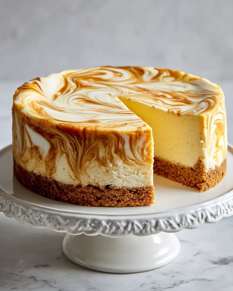 A round cheesecake with three visible layers sits on a white cake stand against a white marbled background. The bottom layer is a thick, crumbly, brown crust. The middle layer is a thick, creamy, pale yellow filling that looks smooth and soft. The top layer is a swirl of caramel-like brown and white cream in a marbled pattern covering the entire surface. One slice has been cut out, showing the texture of the cake inside. Photo taken with an iphone --ar 4:5 --v 7