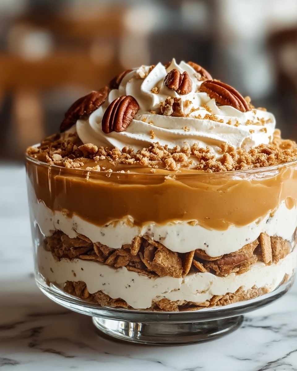 A glass bowl shows a layered dessert with five visible layers. The bottom layer is a rough-textured light brown crumb mix. Above this is a smooth, thick caramel layer in a warm golden brown color. Next is another crumb layer with a similar rough texture and color as the bottom. Above this is a creamy white layer, smooth and thick, topped by dollops of white whipped cream in the center. The dessert is crowned with a topping of chopped pecans and whole pecan halves scattered over the whipped cream. The bowl sits on a white marbled surface. photo taken with an iphone --ar 4:5 --v 7