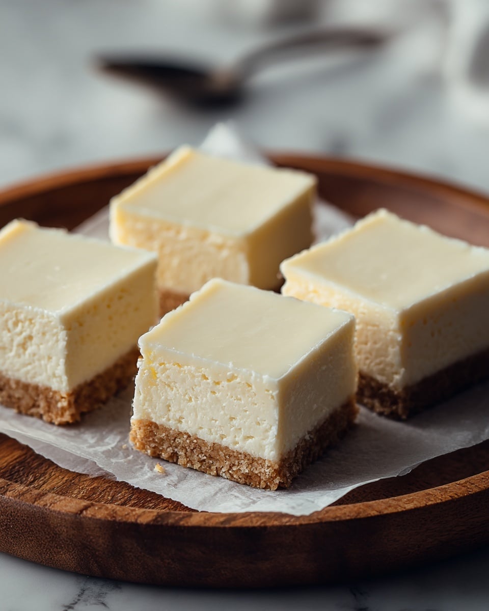 The image shows four square pieces of dessert arranged closely together on a round wooden plate lined with parchment paper. Each piece has three visible layers: a bottom crust made of crumbly, light brown biscuit, a thick creamy white middle layer, and a smooth, slightly shiny, pale top layer. The edges of the squares are clean but slightly crumbly, highlighting the soft and dense texture of the dessert. The plate sits on a white marbled surface, and the background is softly blurred, giving a warm and inviting feel. photo taken with an iphone --ar 4:5 --v 7