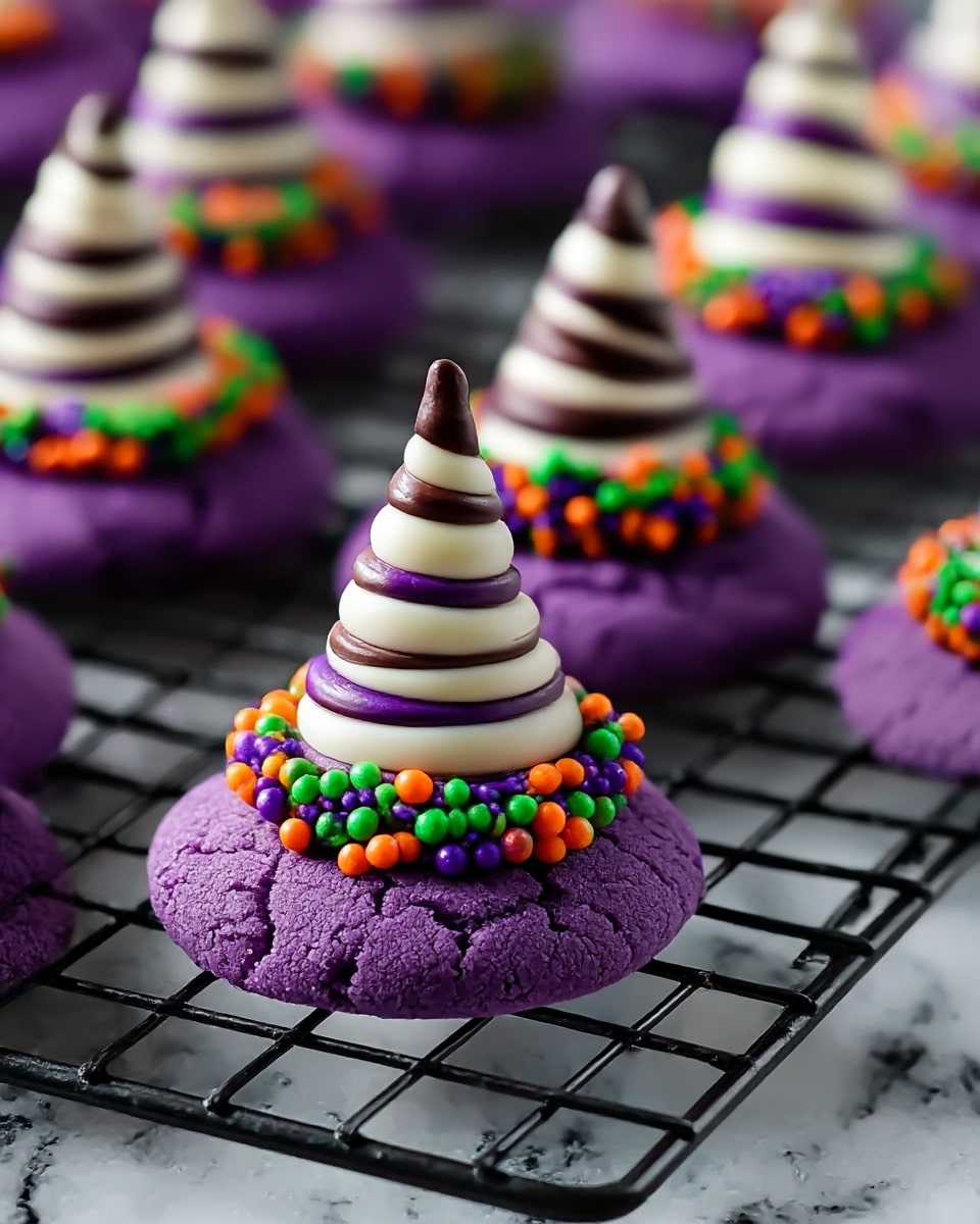 The image shows several round cookies with a deep purple color and a slightly cracked texture on top. Each cookie has three layers: the bottom layer is the purple cookie base, slightly sugared; the middle layer is a ring of small round sprinkles in purple, orange, and green colors placed around the center; the top layer is a small, cone-shaped candy designed like a witch's hat, with white and dark brown stripes spiraling up. These cookies are placed on a black wire cooling rack, all close together, with a white marbled background beneath. photo taken with an iphone --ar 4:5 --v 7