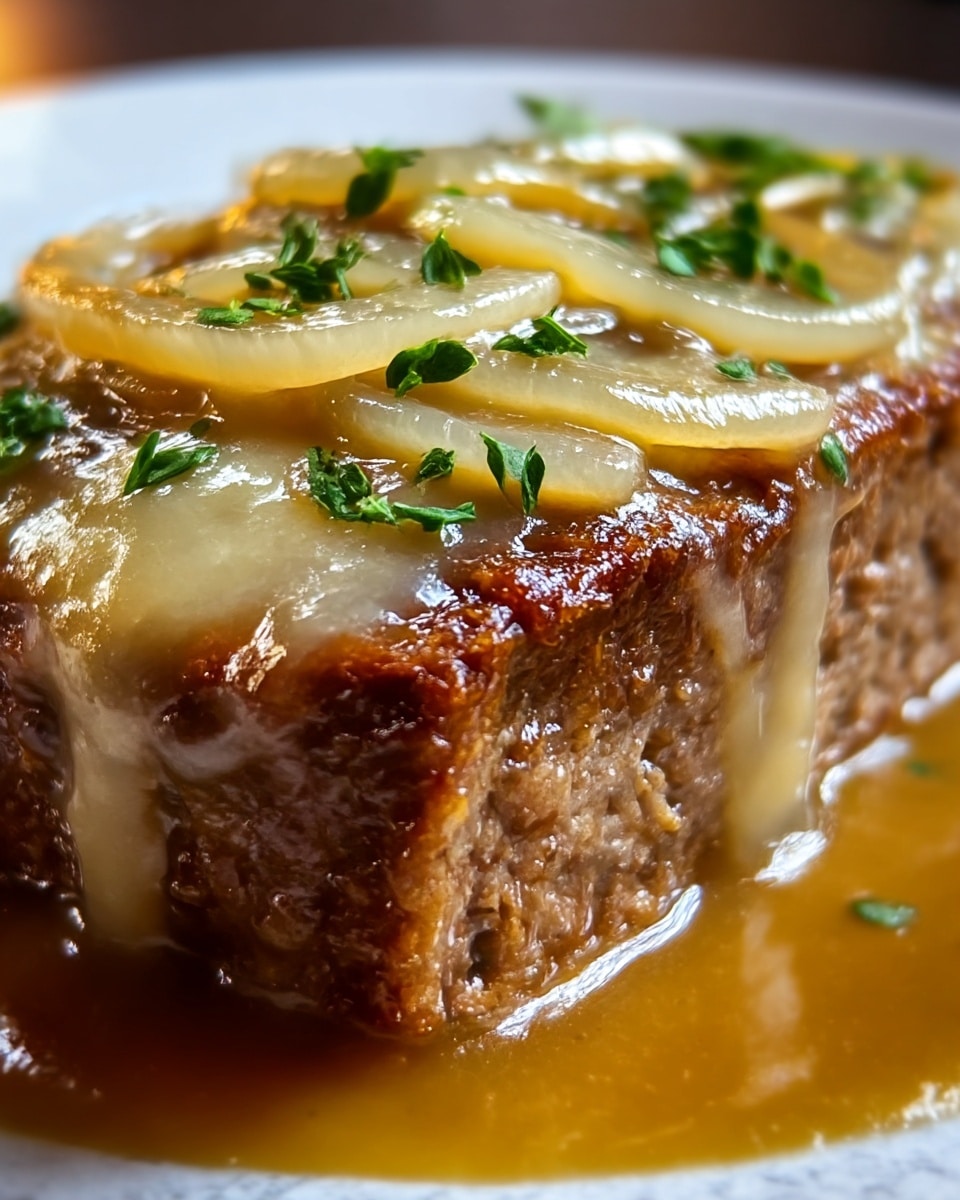 A close-up of a thick slice of browned meatloaf showing a juicy, slightly coarse texture, topped with two layers of translucent golden-brown onion slices, with melted creamy yellow cheese dripping down the sides. The meatloaf rests in a shallow pool of glossy brown gravy, and small green herb leaves are scattered on top. The background is a white marbled texture. Photo taken with an iphone --ar 4:5 --v 7