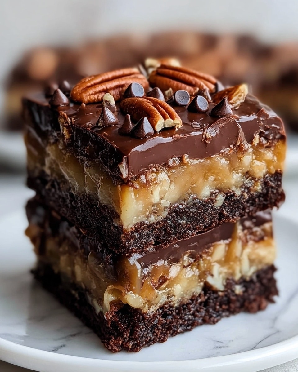 The image shows a close-up of a square dessert with three layers. The bottom layer is dark brown, rich, and looks like moist chocolate cake. The middle layer is thick and gooey with a golden caramel texture mixed with bits of white, likely coconut. The top layer is a glossy, smooth dark chocolate glaze, partly melted and dripping slightly over the sides. On top of the glaze, there are whole pecans and small round chocolate chips scattered unevenly. The dessert is placed on a white plate with a subtle decorative edge, set on a white marbled surface. photo taken with an iphone --ar 4:5 --v 7