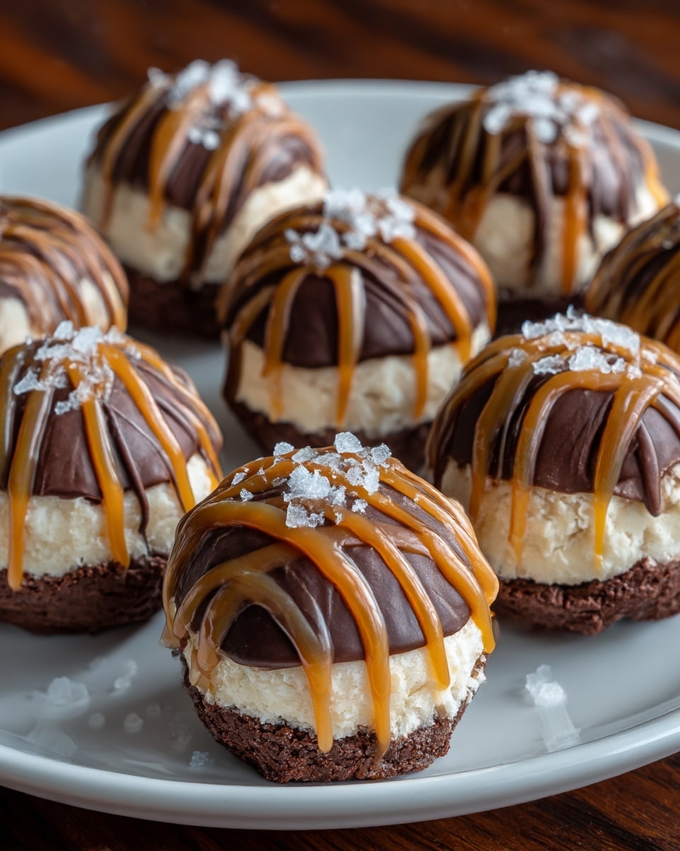 The image shows seven round dessert balls on a white plate with a smooth edge. Each ball has three visible layers: the bottom layer is dark brown with a rough texture, the middle layer is creamy white and smooth, and the top layer is dark brown chocolate drizzled in lines over the dessert. There are thick caramel-colored sauce lines drizzled over the top and a sprinkle of large white salt flakes scattered on top. The plate sits on a white marbled surface. photo taken with an iphone --ar 4:5 --v 7