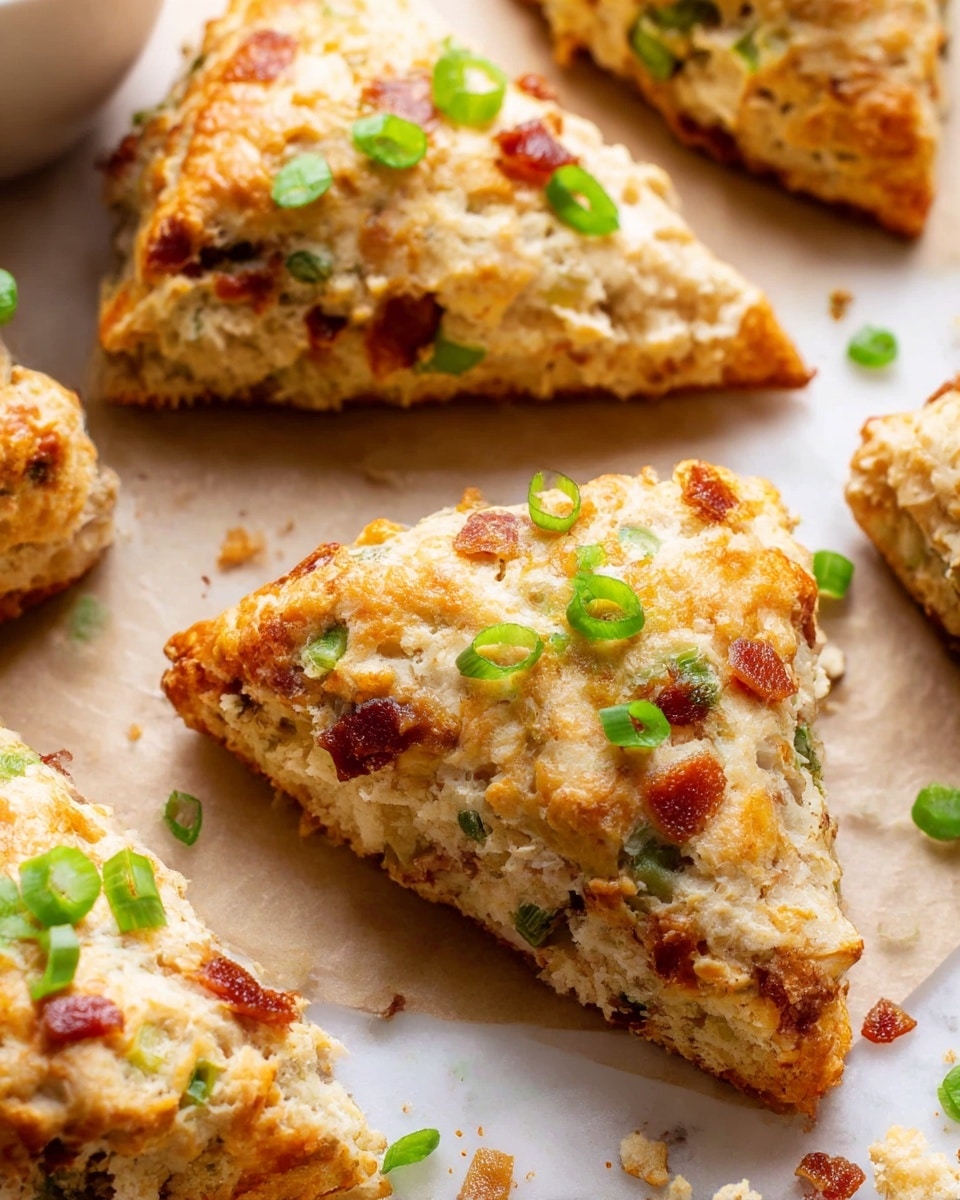 The image shows several triangular scones placed on a white marbled surface covered with brown parchment paper. Each scone has a golden-brown, slightly crispy top with a rough texture dotted with small chunks of browned bits. Inside, the scones have a light beige crumb with visible pieces of green onions and reddish-brown bacon bits scattered throughout. Some green onion slices are garnishing the top of the scones, adding small pops of bright green color. Crumbs and tiny bits of ingredients are scattered around the scones, enhancing the fresh-baked look. photo taken with an iphone --ar 4:5 --v 7