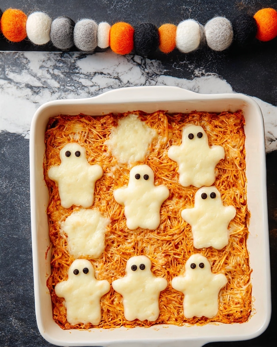 A white rectangular dish filled with a baked pasta casserole showing one main thick layer of shredded pasta mixed with a rich orange-red sauce and melted cheese. On top, cut-out ghost shapes made from slices of white cheese are placed evenly across the surface, eight in total, arranged in two rows of four. Each ghost shape has two small black olive pieces for eyes, creating a playful and spooky look. The dish is set against a dark textured surface with a decorative string of felt balls in gray, cream, black, and orange colors above the dish, and a gray and white striped cloth partially visible at the bottom. Photo taken with an iphone --ar 4:5 --v 7