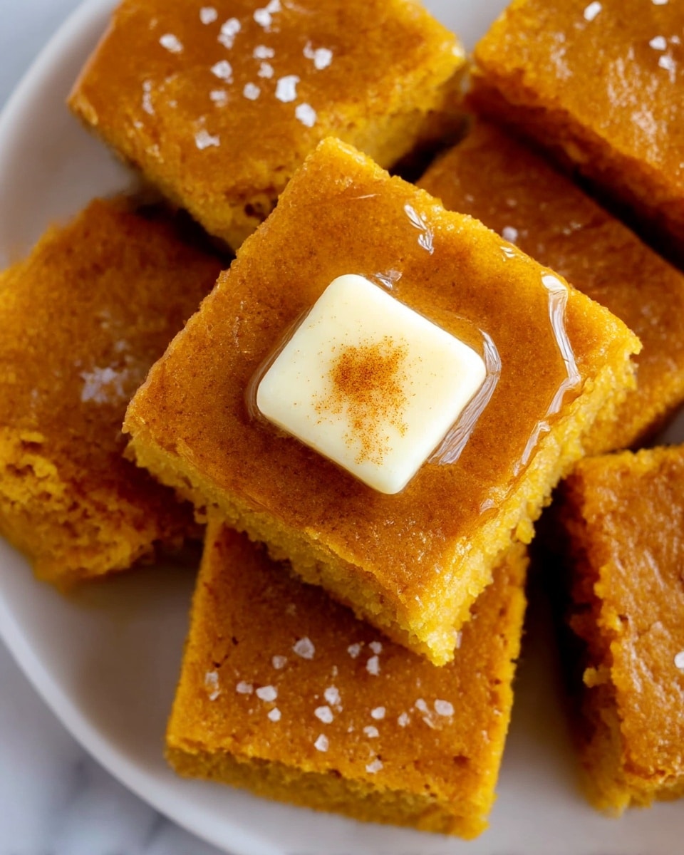 A close-up view of several square pieces of golden brown cornbread arranged on a white plate, each piece showing a moist, slightly crumbly texture; the central cornbread square features a smooth, melting layer of pale yellow butter on top, dusted lightly with cinnamon or spice, and is glazed with a shiny drizzle of syrup that pools gently around the edges, highlighting the warm, rich color contrasts between the syrup and the cornbread; a few grains of coarse salt add texture to one piece in the background, all resting on a white marbled surface photo taken with an iphone --ar 4:5 --v 7