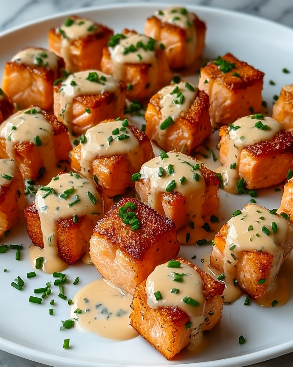 The image shows many small, thick cubes of salmon with a lightly charred, golden-brown crust on the top and sides, arranged closely on a white plate. Each salmon cube has a smooth, light pink interior with visible lines of the fish's texture. On top of each piece, there is a dollop of creamy, beige sauce, which is slightly glossy and thick, spreading just a little over the edges. The salmon cubes are sprinkled with small green chive pieces that add a fresh pop of color and contrast to the warm tones. The plate sits on a white marbled surface, enhancing the clean and bright look of the dish. Photo taken with an iphone --ar 4:5 --v 7