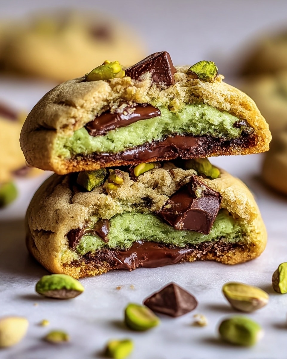Two thick cookies stacked on top of each other are shown on a white marbled surface. Each cookie has three main layers: a golden-brown outer dough that looks soft and slightly crumbly, a middle layer of bright green pistachio filling with a smooth texture, and an inner layer of melted dark brown chocolate. The top cookie is broken in half, revealing all the layers clearly. Scattered on top of the cookies are small chocolate chunks and pieces of pistachio nuts, adding texture and color contrast. More similar cookies blur softly in the background. photo taken with an iphone --ar 4:5 --v 7