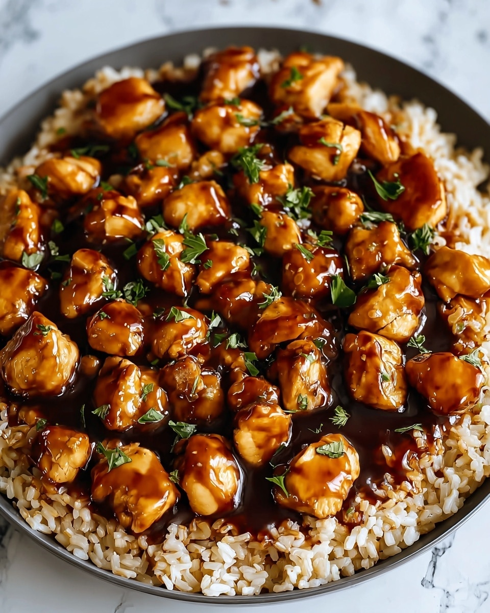 A close-up view of a dish with two main layers inside a round black pan: the bottom layer is golden cooked rice with grains visible, and the top layer shows small, glossy chicken pieces covered in a thick dark brown sauce. The chicken pieces are scattered evenly over the rice and are garnished with small bright green herb leaves. The background has a soft focus, highlighting the food's texture and shine. Photo taken with an iphone --ar 4:5 --v 7