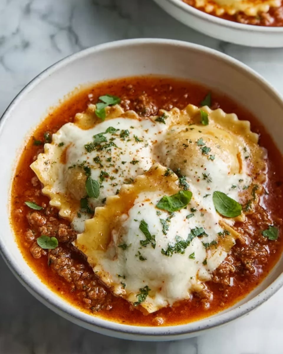 The image shows a white bowl filled with three layers of ravioli. The bottom layer is a red sauce with small bits of ground meat and tomato visible. On top of the sauce, there are large ravioli pieces filled with a soft, creamy white cheese. The top layer has melted, golden cheese with herbs sprinkled finely on it. Small green bits, likely chopped herbs, are spread on top adding contrast to the warm orange and creamy white colors. The bowl sits on a white marbled surface with a silver fork nearby. photo taken with an iphone --ar 4:5 --v 7