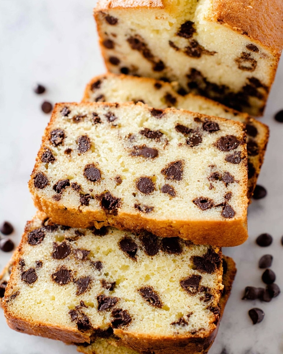 Four slices of chocolate chip cake are shown on a white marbled surface, arranged close together with two slices leaning over the other two. The cake has a light golden brown crust with a soft, moist, pale yellow inside dotted with many dark chocolate chips scattered evenly throughout the thick slices. The texture looks soft and crumbly with small crumbs around the edges. Photo taken with an iphone --ar 4:5 --v 7