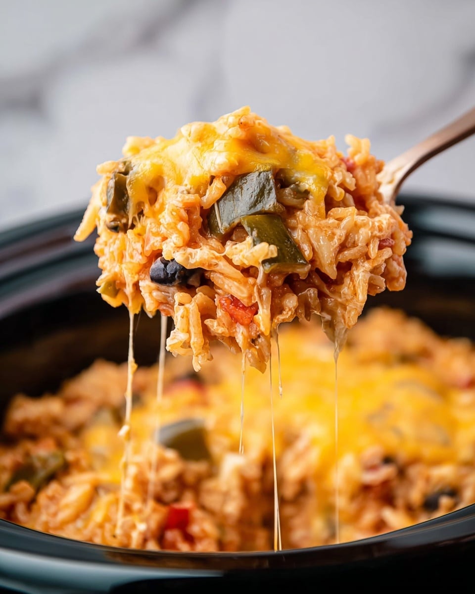 A close-up of a spoon full of cheesy rice casserole lifted above a black slow cooker. The dish has three clear layers: the bottom layer is white rice mixed with small pieces of vegetables such as green peppers and olives with a slightly reddish tint, the middle layer is chunky pieces of chicken, and the top layer is melted golden-yellow cheese that looks gooey and stretchy, covering all other ingredients. The background shows the slow cooker filled with more of the same casserole with bits of chicken, rice, vegetables, and melted cheese, all resting on a white marbled surface. Photo taken with an iphone --ar 4:5 --v 7