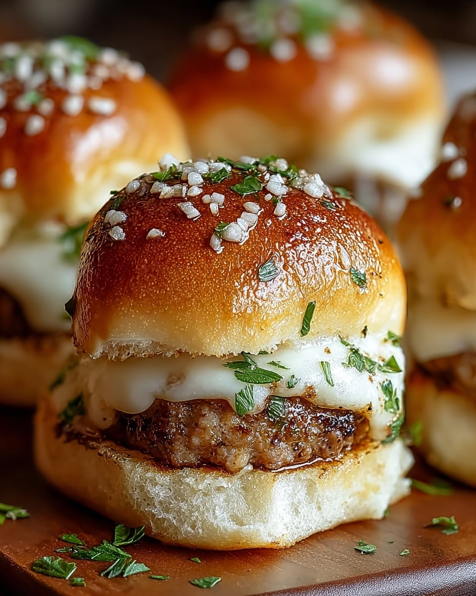 The image shows a close-up of a small sandwich with three visible layers: the top layer is a shiny, golden-brown bun sprinkled with chopped green herbs and coarse white salt; the middle layer is melted white cheese that slightly drips over the edges; the bottom layer contains a thick, dark brown grilled meat patty with visible char marks, sandwiched between the bun and a soft white base bun. The background features blurred similar sandwiches on a white marbled surface. photo taken with an iphone --ar 4:5 --v 7