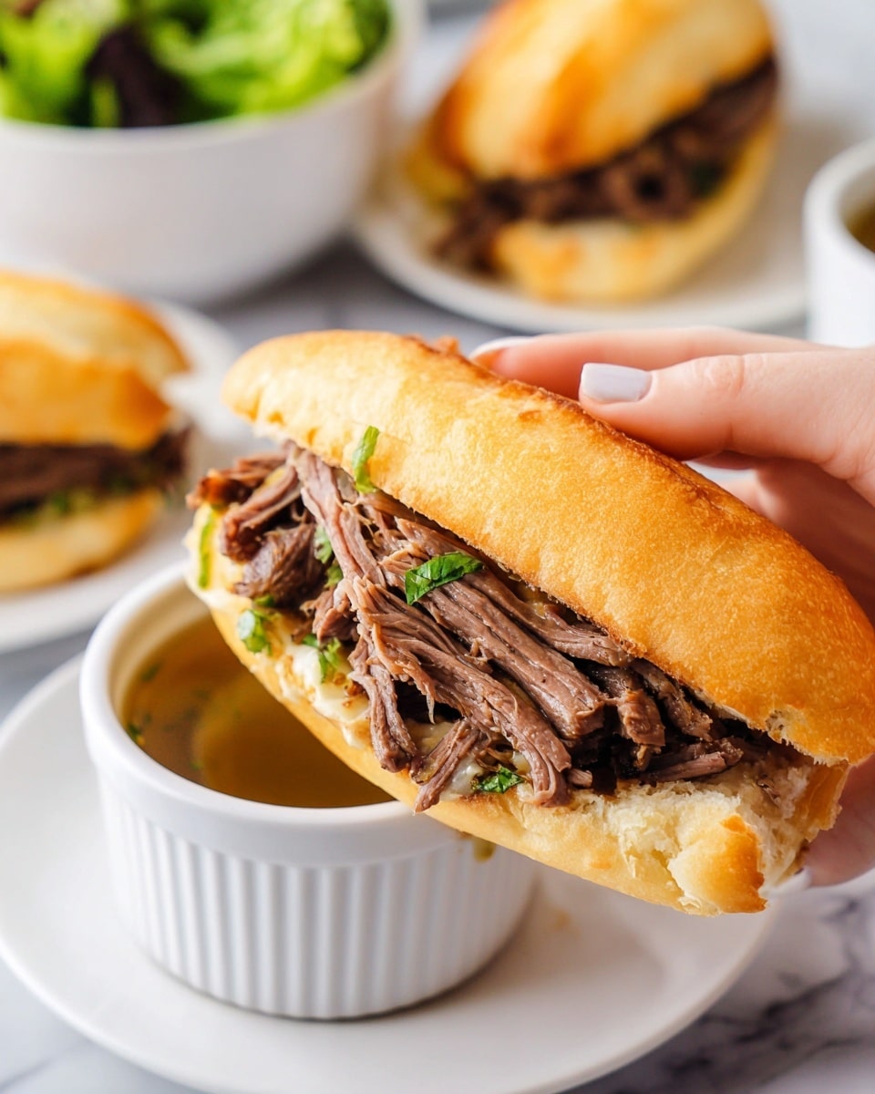 A close-up of a sandwich held by a woman's hand, showing three main layers: a soft, golden-brown toasted bun with a smooth, slightly crisp surface on the outside; inside the bun, a thick layer of shredded dark brown beef with visible tender fibers and small green herb bits; beneath the sandwich, a white small round cup filled with golden beef broth where the sandwich is being dipped, with one more similar sandwich placed behind on a white plate. In the background, there is a white bowl with fresh green lettuce salad, all set on a white marbled surface. photo taken with an iphone --ar 4:5 --v 7