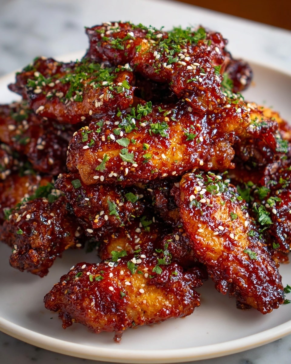 A close-up view of a pile of crispy chicken wings glazed with a shiny, dark red-brown sauce stacked on a white plate. The wings have a crunchy texture with charred spots and are coated in a sticky sauce. They are sprinkled with white sesame seeds and finely chopped green herbs, giving a fresh and colorful contrast. The plate sits on a white marbled surface. photo taken with an iphone --ar 4:5 --v 7