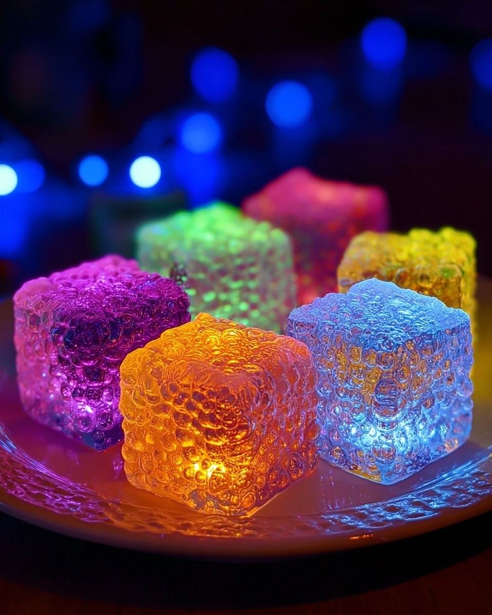 There are seven textured, translucent cubes that look like they are made of jelly or something similar, placed close together on a white decorative plate. Each cube glows with different colors, including shades of purple, pink, yellow, blue, and green, with a bubbly surface that adds a sparkling effect. The colors blend softly into one another, creating a bright and lively display that stands out against a dark background with blurry blue lights. The soft glow illuminates the plate underneath, enhancing the visual appeal of the cubes. photo taken with an iphone --ar 4:5 --v 7