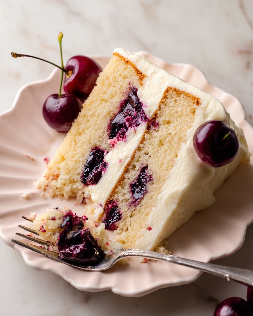A slice of light yellow cake with two visible layers of dark purple cherry filling in between the layers sits on a white scalloped plate. The cake is topped with smooth, off-white frosting that spreads evenly on the top and partly around the edges, with a couple of dark red cherries with stems placed on the upper left side of the slice. A silver fork with some crumbs and cherry filling rests at the bottom right edge of the plate. The scene is set on a white marbled texture surface. photo taken with an iphone --ar 4:5 --v 7
