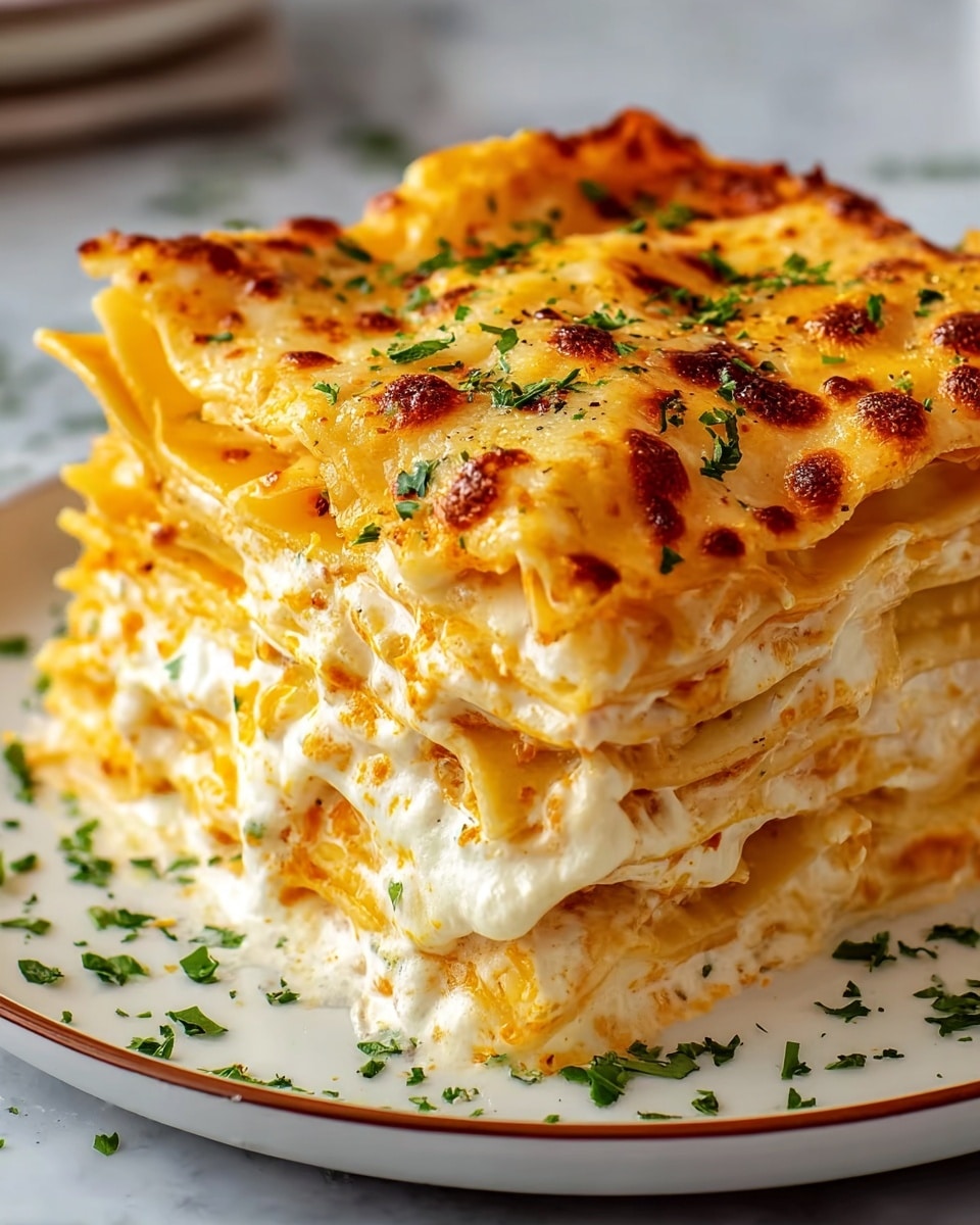 A close-up image of a thick slice of four-layer lasagna placed on a white plate with a thin brown rim, sitting on a white marbled textured surface. Each layer alternates between smooth, pale yellow pasta sheets and creamy white cheese filling, which looks soft and slightly flowing. The top layer is a golden-brown melted cheese with small toasted spots and is sprinkled with finely chopped green herbs. Some herbs are also scattered on the plate around the lasagna slice. Photo taken with an iphone --ar 4:5 --v 7