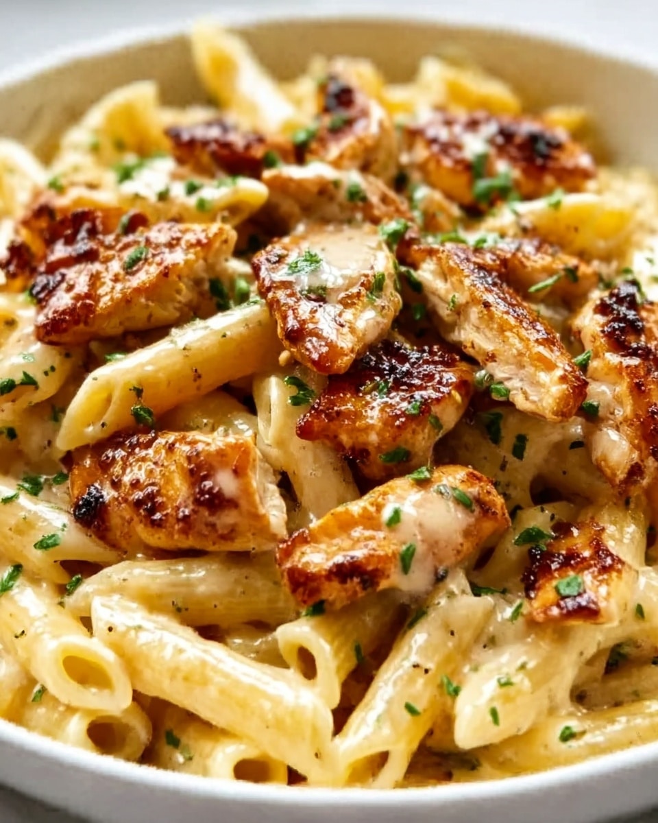 A white bowl filled with creamy yellow pasta at the bottom layer, topped with golden brown grilled chicken pieces that are slightly charred and glistening with a sauce. The chicken is sprinkled with finely chopped green herbs and black pepper, adding small specks of green and black across the dish. The pasta looks smooth and soft, while the chicken pieces have a textured, crispy surface. The background is a white marbled texture. photo taken with an iphone --ar 4:5 --v 7